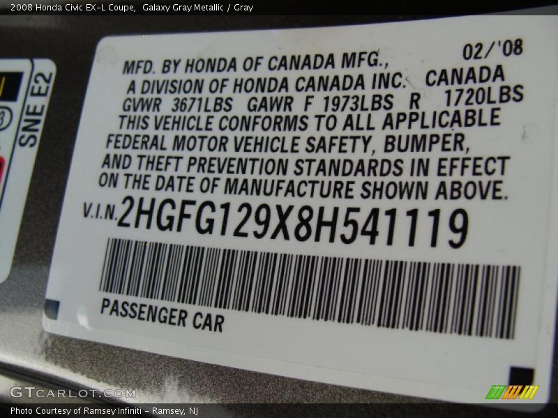 Galaxy Gray Metallic / Gray 2008 Honda Civic EX-L Coupe