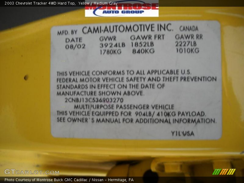 Yellow / Medium Gray 2003 Chevrolet Tracker 4WD Hard Top