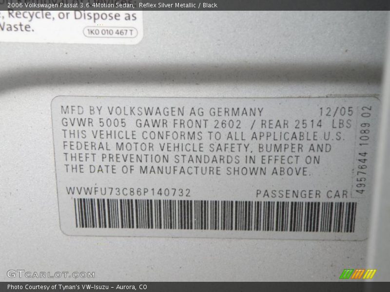 Reflex Silver Metallic / Black 2006 Volkswagen Passat 3.6 4Motion Sedan