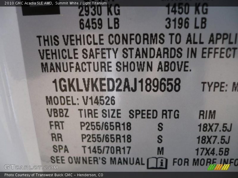 Summit White / Light Titanium 2010 GMC Acadia SLE AWD