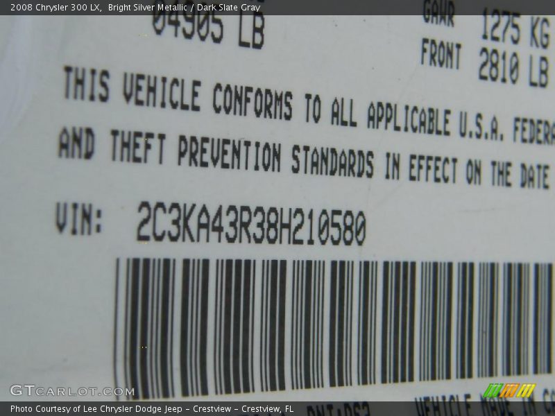 Bright Silver Metallic / Dark Slate Gray 2008 Chrysler 300 LX