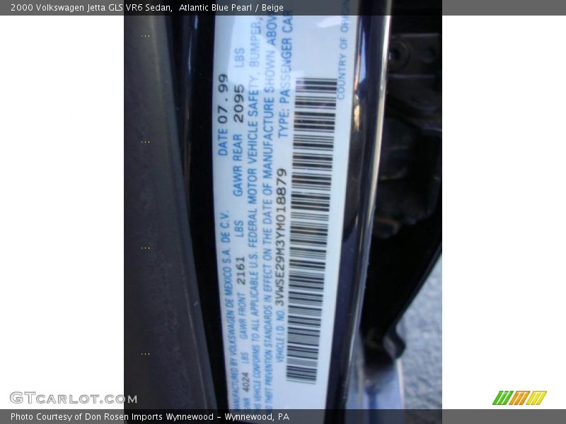 Atlantic Blue Pearl / Beige 2000 Volkswagen Jetta GLS VR6 Sedan