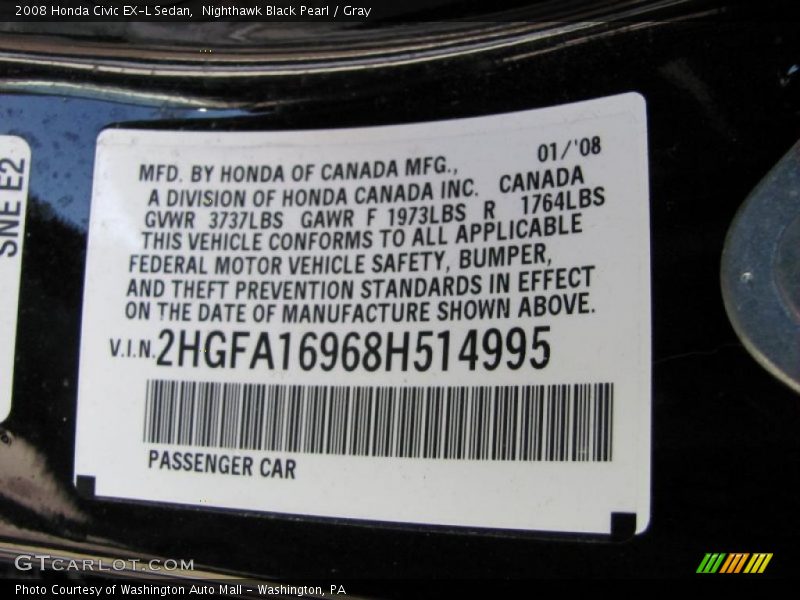 Nighthawk Black Pearl / Gray 2008 Honda Civic EX-L Sedan
