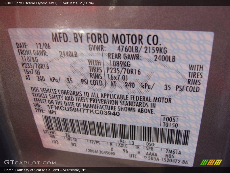 Silver Metallic / Gray 2007 Ford Escape Hybrid 4WD