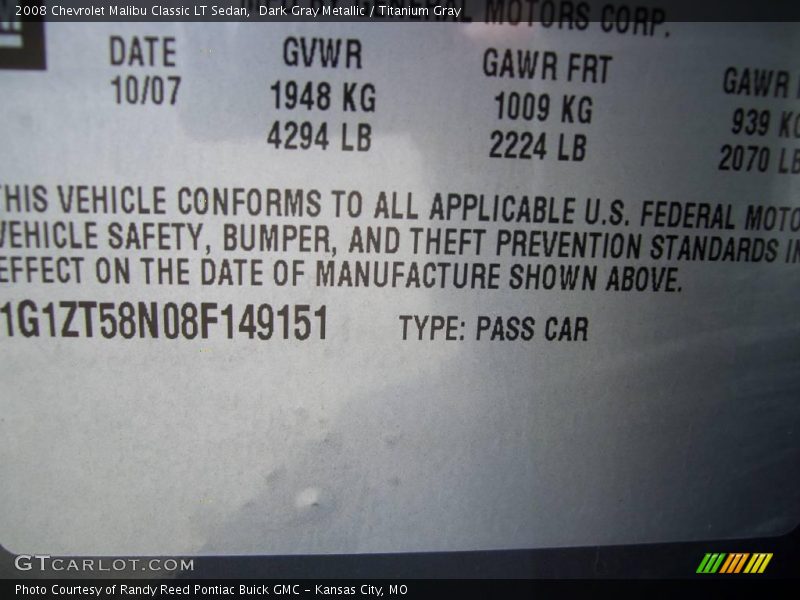 Dark Gray Metallic / Titanium Gray 2008 Chevrolet Malibu Classic LT Sedan