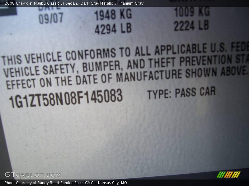 Dark Gray Metallic / Titanium Gray 2008 Chevrolet Malibu Classic LT Sedan