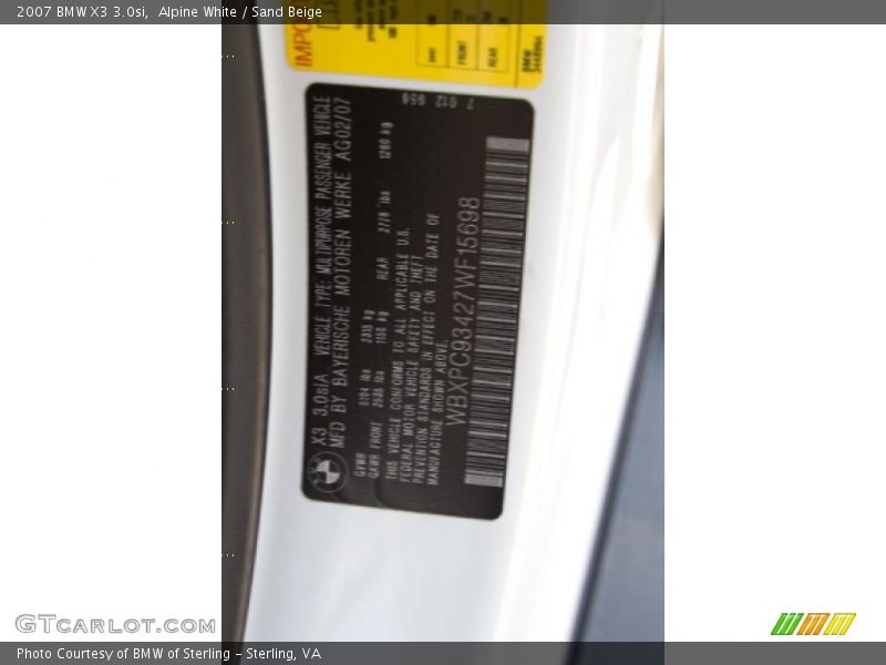 Alpine White / Sand Beige 2007 BMW X3 3.0si