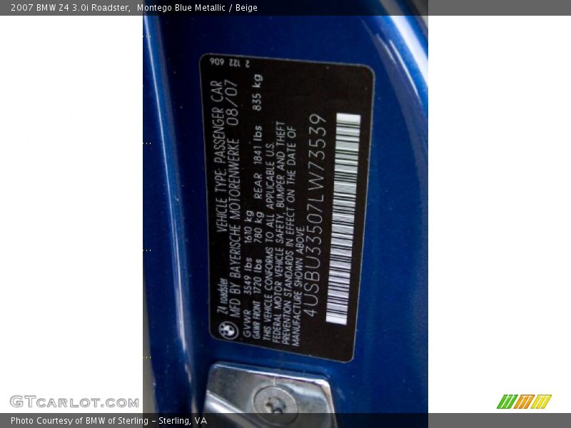 Montego Blue Metallic / Beige 2007 BMW Z4 3.0i Roadster