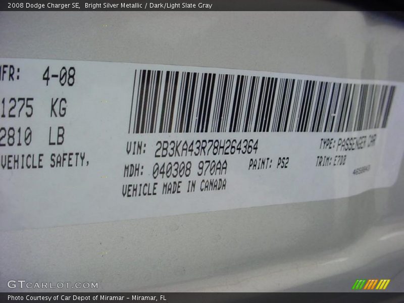 Bright Silver Metallic / Dark/Light Slate Gray 2008 Dodge Charger SE