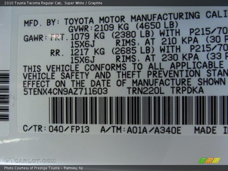 Super White / Graphite 2010 Toyota Tacoma Regular Cab