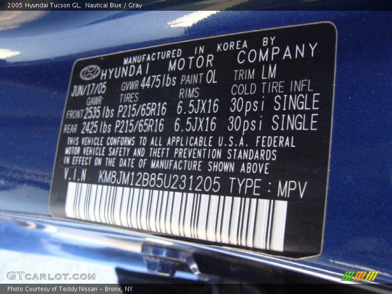 Nautical Blue / Gray 2005 Hyundai Tucson GL