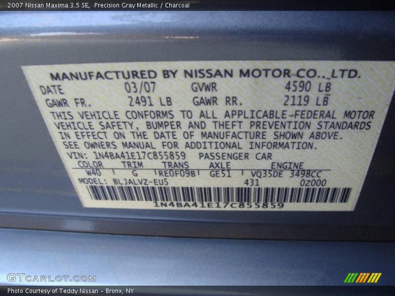 Precision Gray Metallic / Charcoal 2007 Nissan Maxima 3.5 SE
