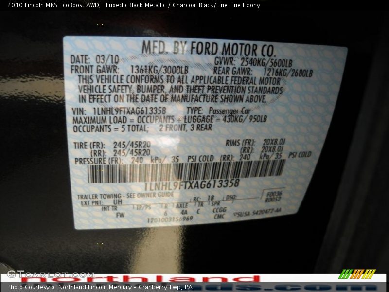 Tuxedo Black Metallic / Charcoal Black/Fine Line Ebony 2010 Lincoln MKS EcoBoost AWD