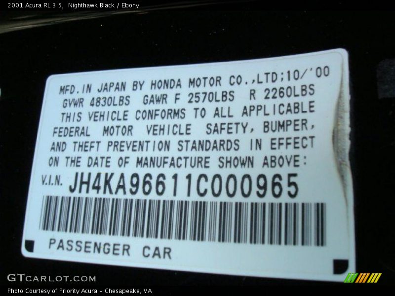 Nighthawk Black / Ebony 2001 Acura RL 3.5