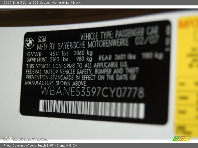 Alpine White / Black 2007 BMW 5 Series 525i Sedan