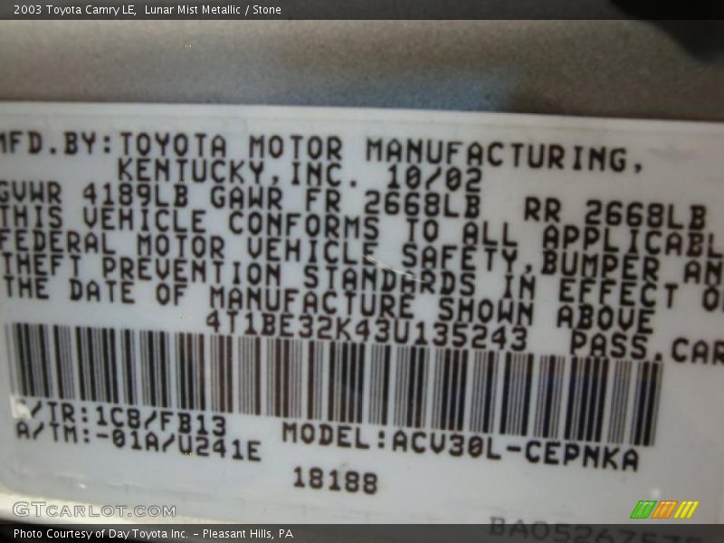 Lunar Mist Metallic / Stone 2003 Toyota Camry LE