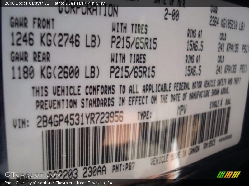 Patriot Blue Pearl / Mist Grey 2000 Dodge Caravan SE