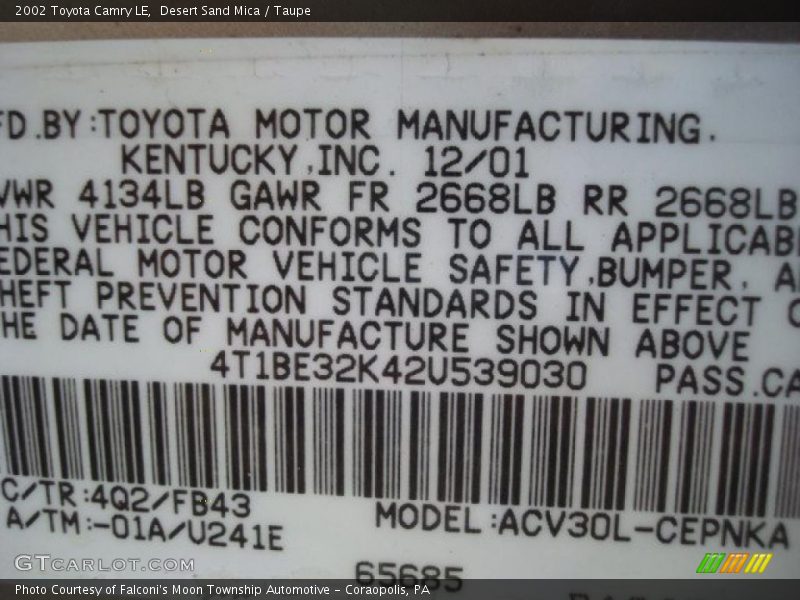 Desert Sand Mica / Taupe 2002 Toyota Camry LE