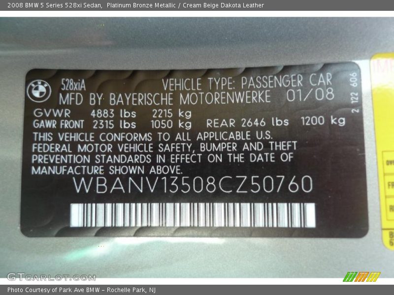 Platinum Bronze Metallic / Cream Beige Dakota Leather 2008 BMW 5 Series 528xi Sedan