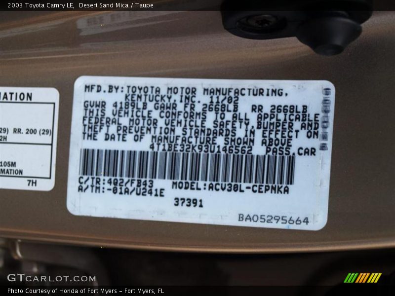 Desert Sand Mica / Taupe 2003 Toyota Camry LE