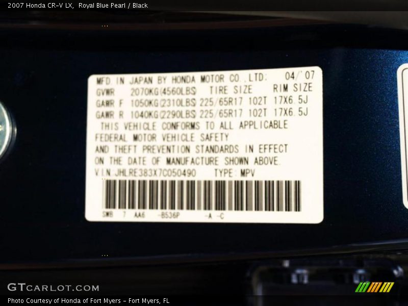 Royal Blue Pearl / Black 2007 Honda CR-V LX