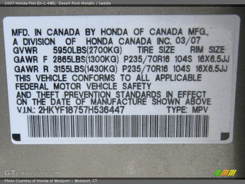 Desert Rock Metallic / Saddle 2007 Honda Pilot EX-L 4WD