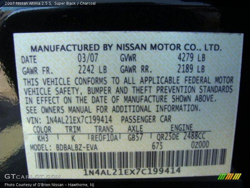 Super Black / Charcoal 2007 Nissan Altima 2.5 S