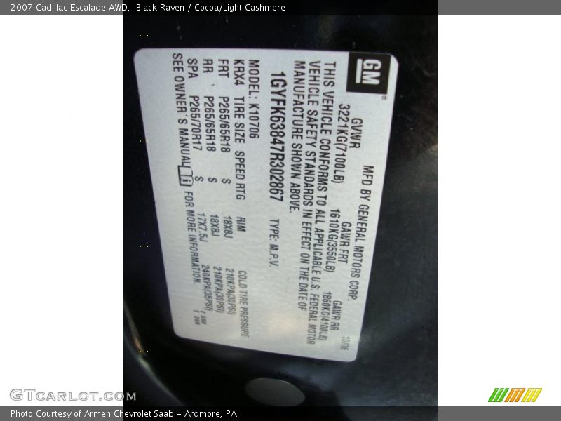 Black Raven / Cocoa/Light Cashmere 2007 Cadillac Escalade AWD