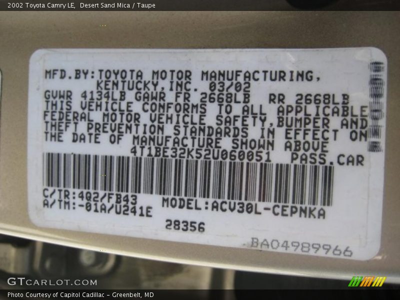 Desert Sand Mica / Taupe 2002 Toyota Camry LE