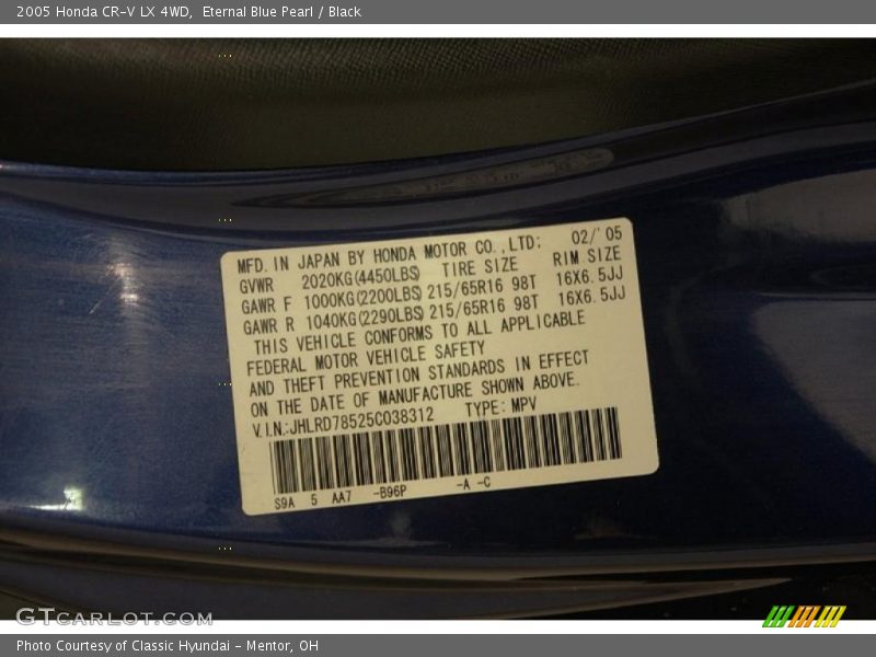 Eternal Blue Pearl / Black 2005 Honda CR-V LX 4WD