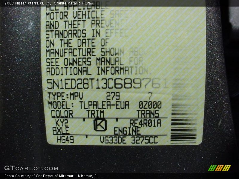 Granite Metallic / Gray 2003 Nissan Xterra XE V6