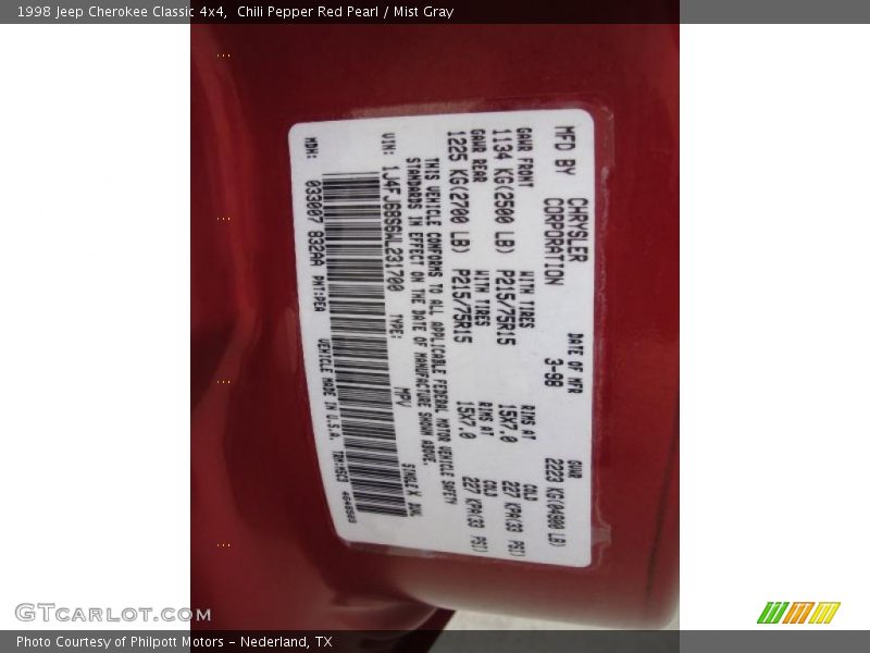 Chili Pepper Red Pearl / Mist Gray 1998 Jeep Cherokee Classic 4x4