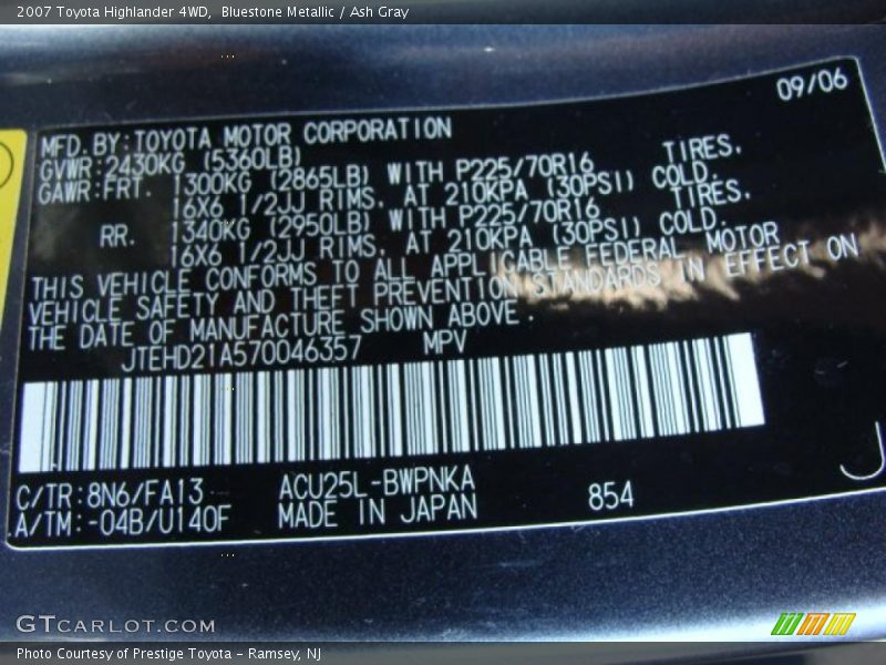 Bluestone Metallic / Ash Gray 2007 Toyota Highlander 4WD