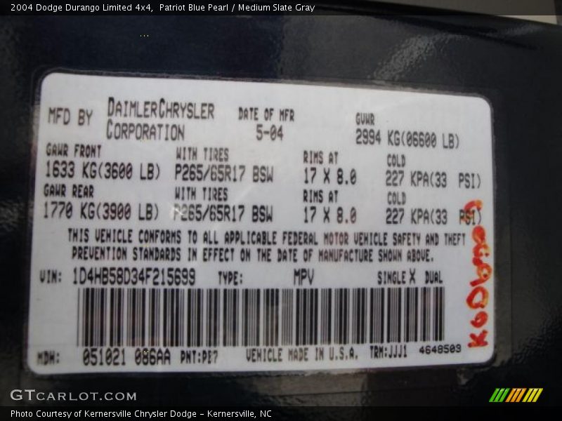 Patriot Blue Pearl / Medium Slate Gray 2004 Dodge Durango Limited 4x4