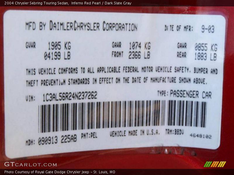 Inferno Red Pearl / Dark Slate Gray 2004 Chrysler Sebring Touring Sedan