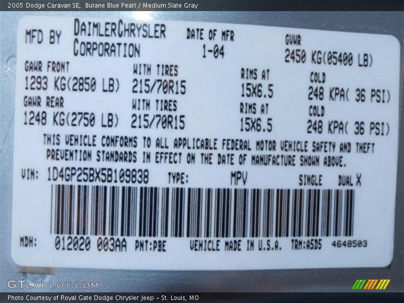 Butane Blue Pearl / Medium Slate Gray 2005 Dodge Caravan SE