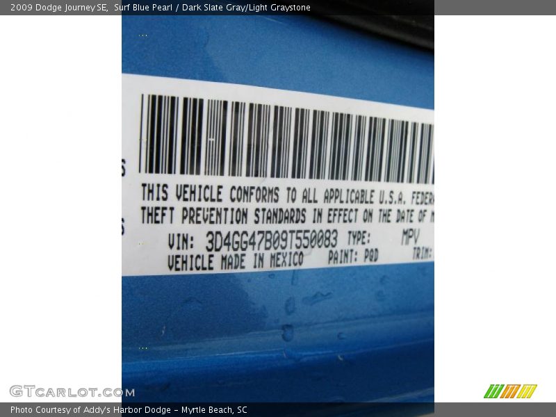 Surf Blue Pearl / Dark Slate Gray/Light Graystone 2009 Dodge Journey SE