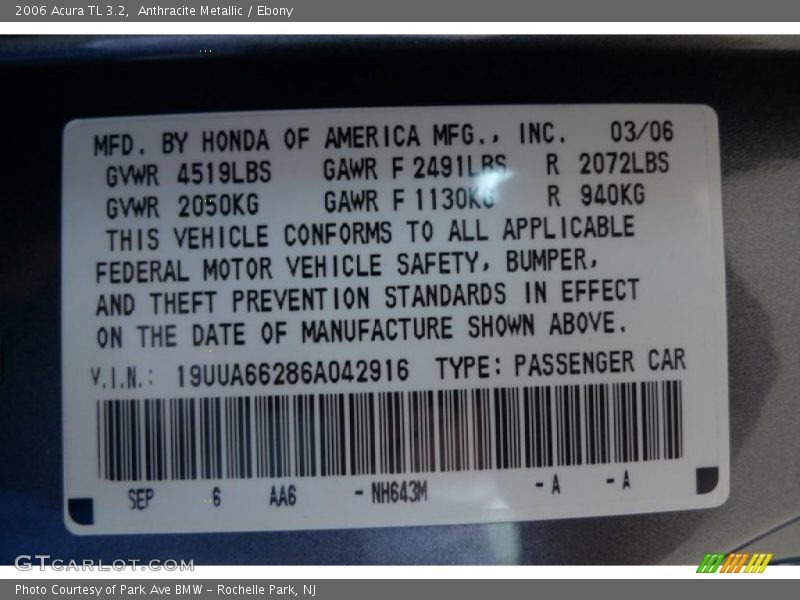 Anthracite Metallic / Ebony 2006 Acura TL 3.2