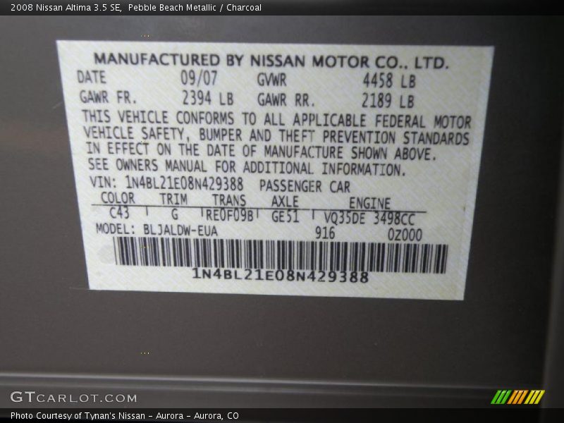 Pebble Beach Metallic / Charcoal 2008 Nissan Altima 3.5 SE
