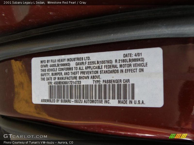 Winestone Red Pearl / Gray 2001 Subaru Legacy L Sedan