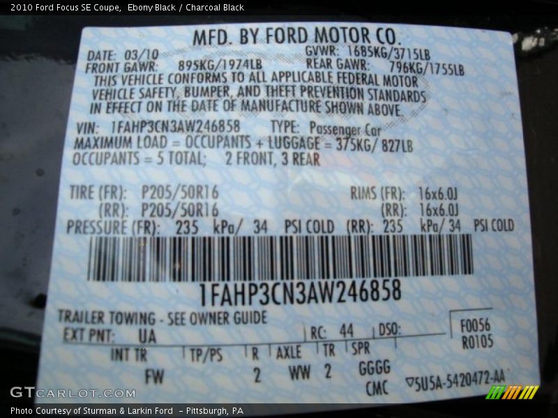 Ebony Black / Charcoal Black 2010 Ford Focus SE Coupe
