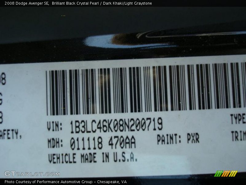 Brilliant Black Crystal Pearl / Dark Khaki/Light Graystone 2008 Dodge Avenger SE