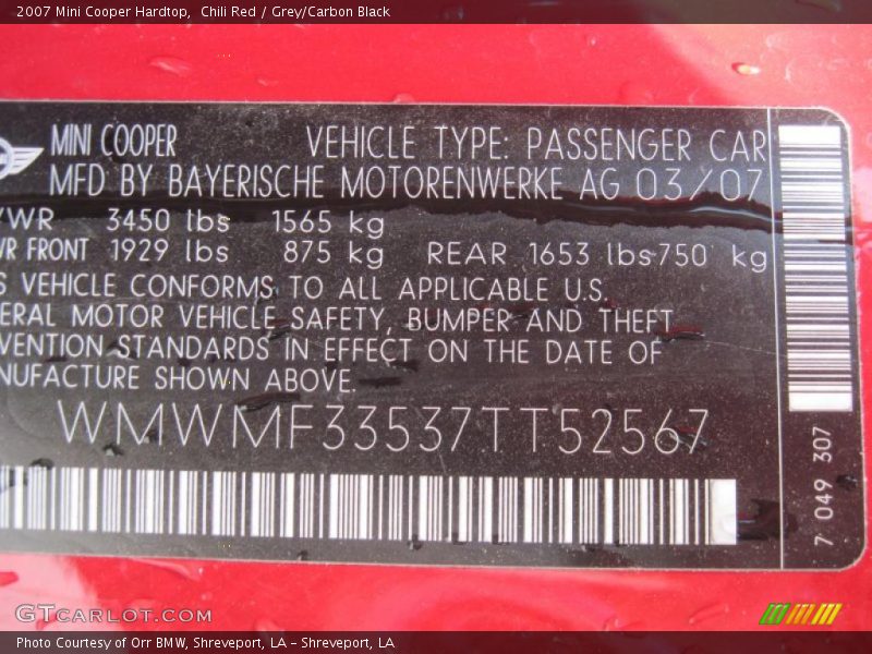 Chili Red / Grey/Carbon Black 2007 Mini Cooper Hardtop