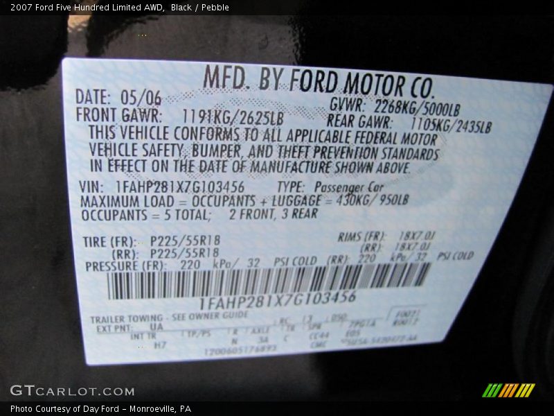 Black / Pebble 2007 Ford Five Hundred Limited AWD