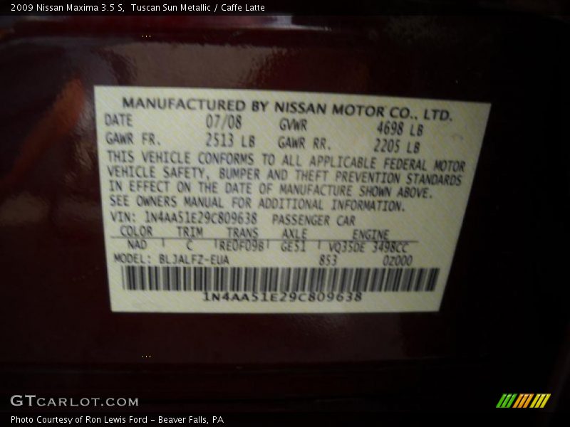 Tuscan Sun Metallic / Caffe Latte 2009 Nissan Maxima 3.5 S