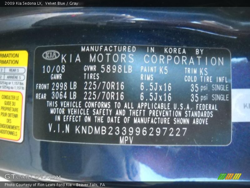 Velvet Blue / Gray 2009 Kia Sedona LX