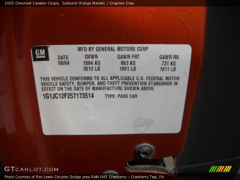 Sunburst Orange Metallic / Graphite Gray 2005 Chevrolet Cavalier Coupe