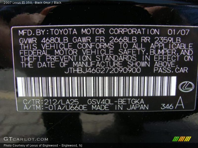 Black Onyx / Black 2007 Lexus ES 350