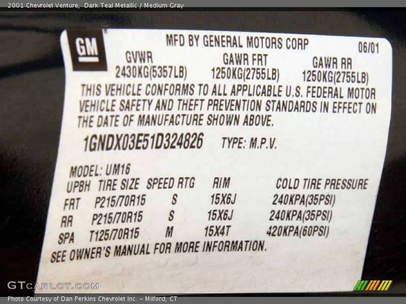 Dark Teal Metallic / Medium Gray 2001 Chevrolet Venture
