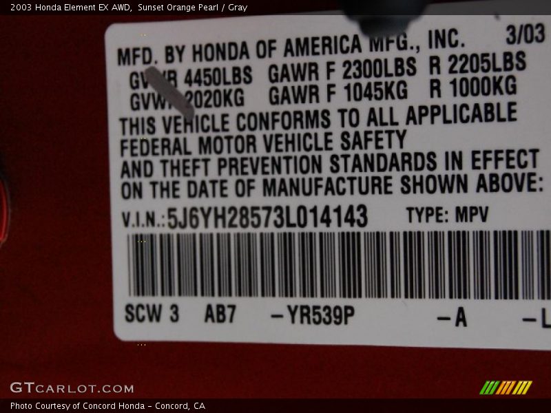 Sunset Orange Pearl / Gray 2003 Honda Element EX AWD